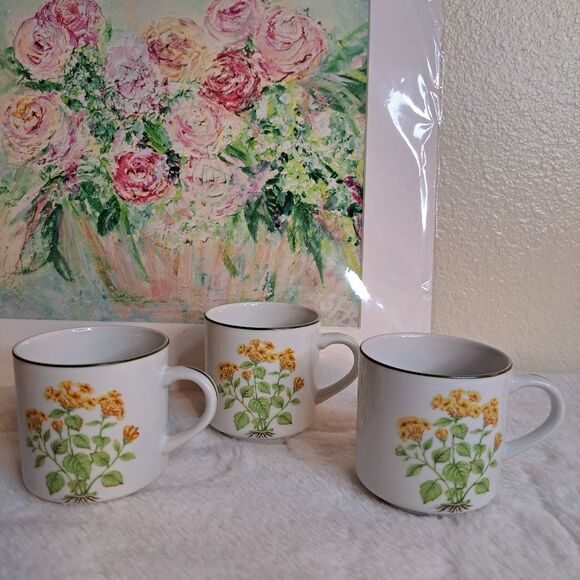 Three Vintage Japan Yellow Floral Ceramic Cups Decor Mid Century Modern - Picture 3 of 13
